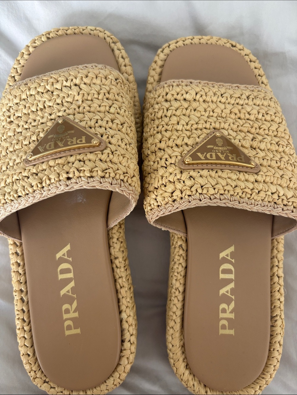 Prada Nude Beige Raffia Slide Sandals with Gold Logo Plaque